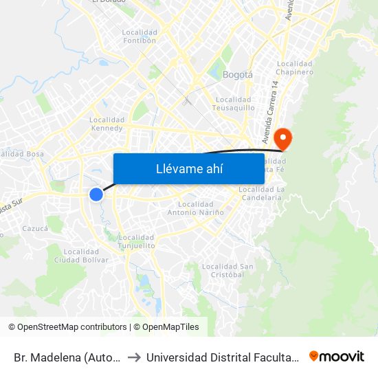 Br. Madelena (Auto Sur - Kr 64 Bis) to Universidad Distrital Facultad Del Medio Ambiente map
