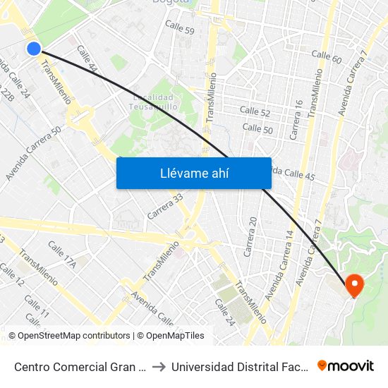 Centro Comercial Gran Estación (Ac 26 - Kr 60) to Universidad Distrital Facultad Del Medio Ambiente map