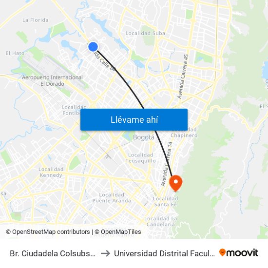 Br. Ciudadela Colsubsidio (Ac 80 - Kr 111c) to Universidad Distrital Facultad Del Medio Ambiente map