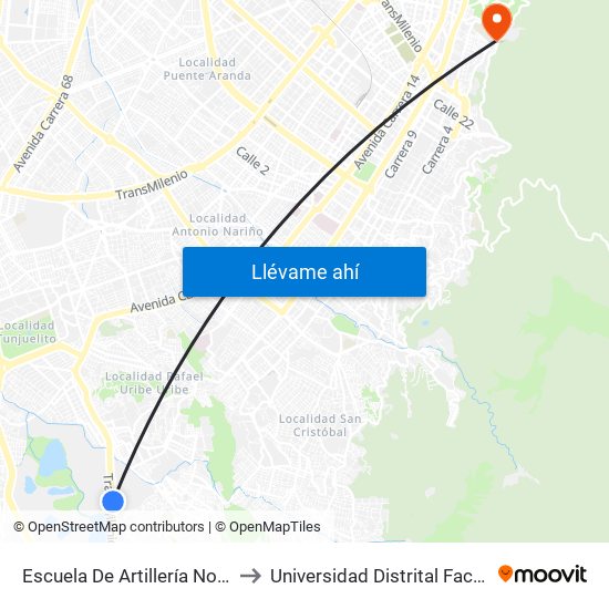 Escuela De Artillería No. 13 (Av. Caracas - Tv 5d) to Universidad Distrital Facultad Del Medio Ambiente map