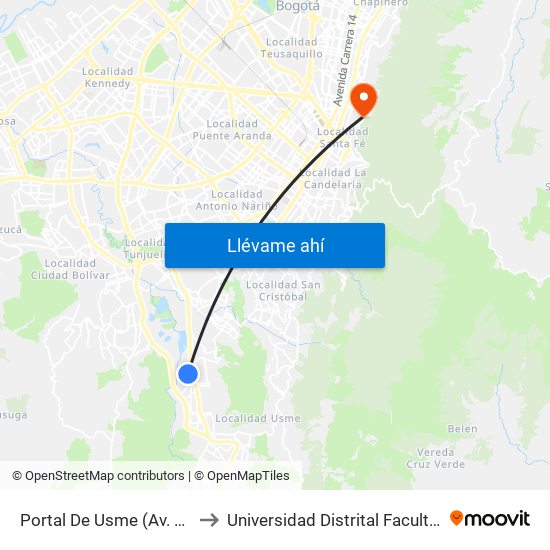 Portal De Usme (Av. Caracas - Cl 64 Sur) to Universidad Distrital Facultad Del Medio Ambiente map