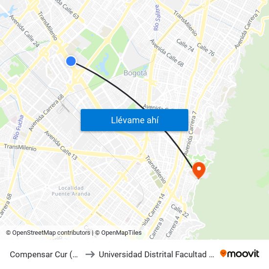 Compensar Cur (Ac 26 - Kr 69) to Universidad Distrital Facultad Del Medio Ambiente map