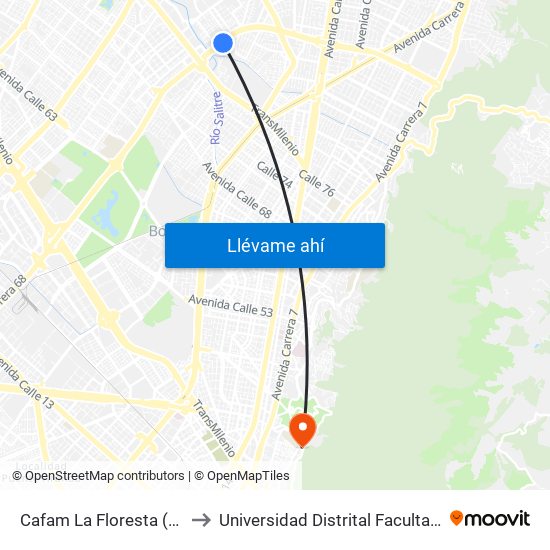 Cafam La Floresta (Ak 68 - Cl 90) (C) to Universidad Distrital Facultad Del Medio Ambiente map