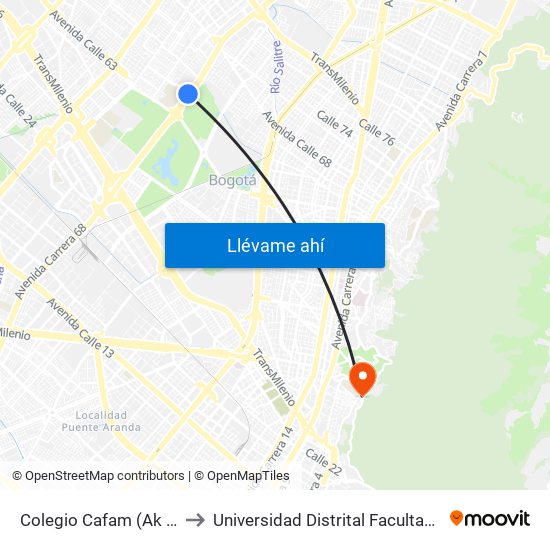 Colegio Cafam (Ak 68 - Cl 64c) (D) to Universidad Distrital Facultad Del Medio Ambiente map