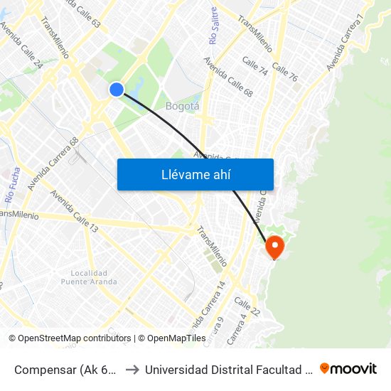 Compensar (Ak 68 - Cl 49a) (B) to Universidad Distrital Facultad Del Medio Ambiente map