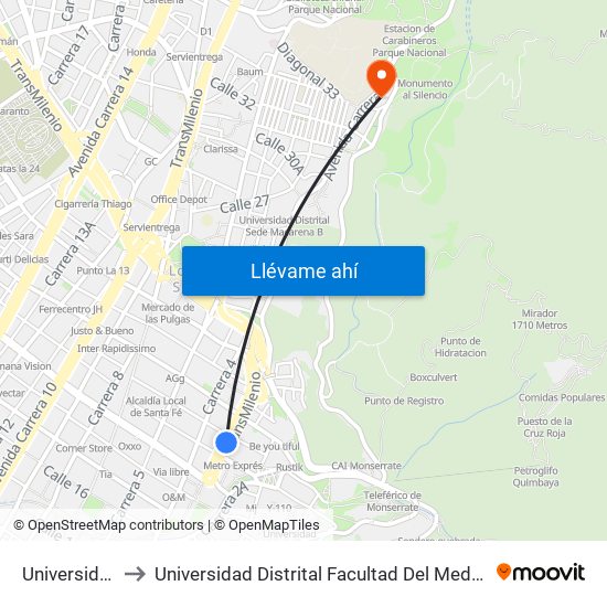 Universidades to Universidad Distrital Facultad Del Medio Ambiente map