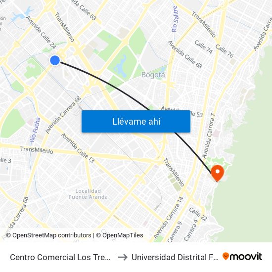 Centro Comercial Los Tres Elefantes (Av. Boyacá - Cl 23) (C) to Universidad Distrital Facultad Del Medio Ambiente map