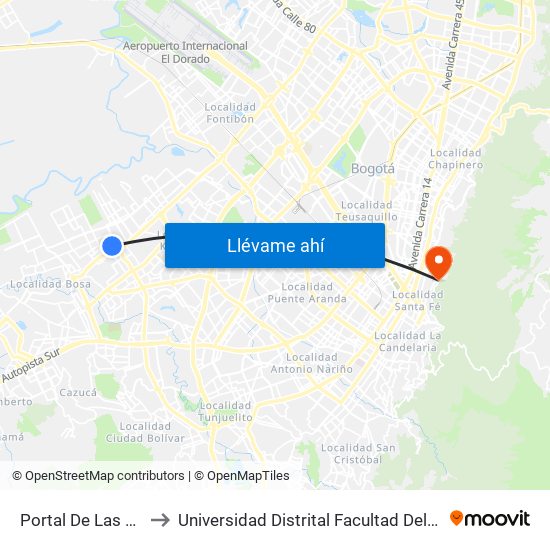 Portal De Las Américas to Universidad Distrital Facultad Del Medio Ambiente map