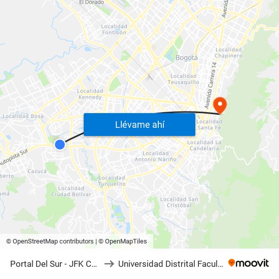 Portal Del Sur - JFK Cooperativa Financiera to Universidad Distrital Facultad Del Medio Ambiente map