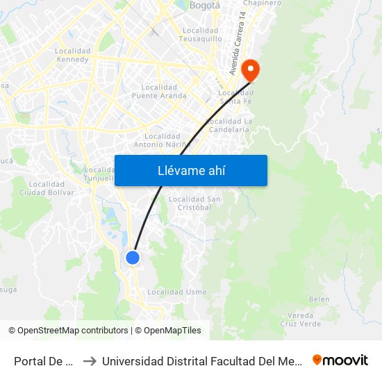 Portal De Usme to Universidad Distrital Facultad Del Medio Ambiente map