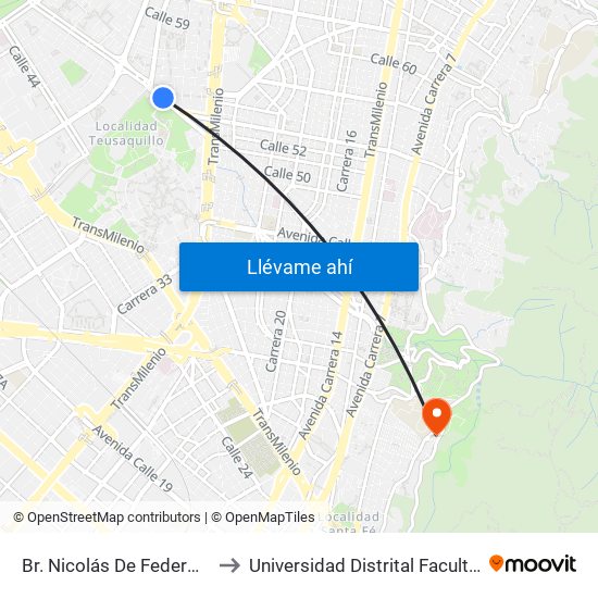 Br. Nicolás De Federmán (Ac 53 - Kr 37a) to Universidad Distrital Facultad Del Medio Ambiente map