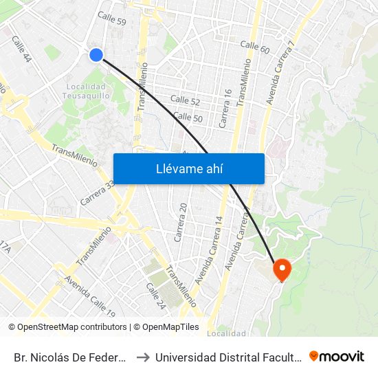 Br. Nicolás De Federmán (Ac 53 - Kr 46) to Universidad Distrital Facultad Del Medio Ambiente map