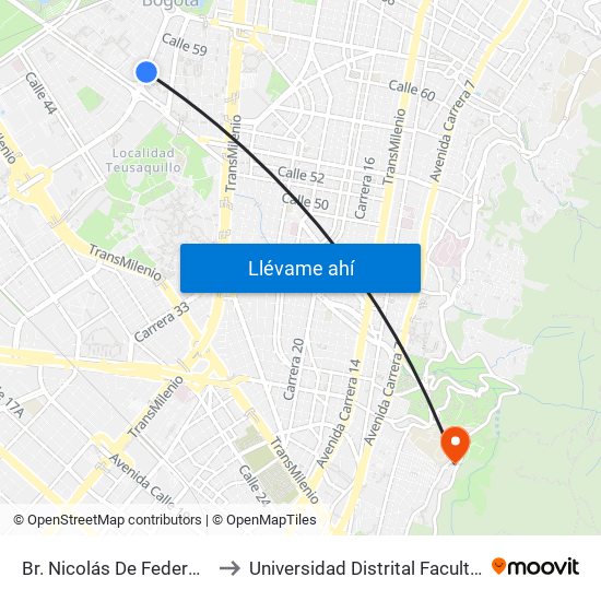 Br. Nicolás De Federmán (Ak 50 - Cl 57b) to Universidad Distrital Facultad Del Medio Ambiente map