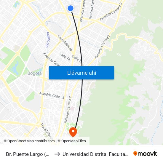 Br. Puente Largo (Kr 53 - Cl 103b) to Universidad Distrital Facultad Del Medio Ambiente map