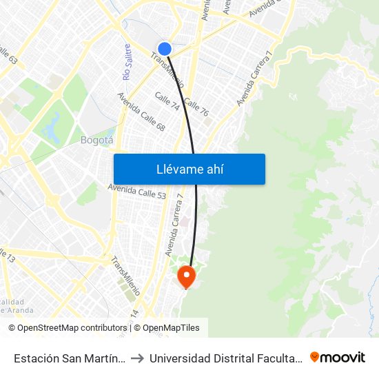 Estación San Martín (Ak 50 - Cl 86b) to Universidad Distrital Facultad Del Medio Ambiente map