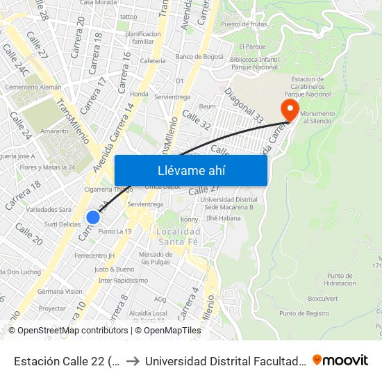 Estación Calle 22 (Cl 24 - Kr 13a) to Universidad Distrital Facultad Del Medio Ambiente map