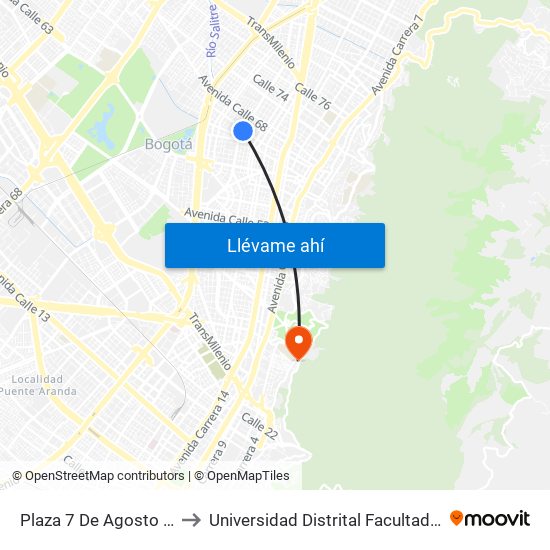 Plaza 7 De Agosto (Ak 24 - Cl 66) to Universidad Distrital Facultad Del Medio Ambiente map