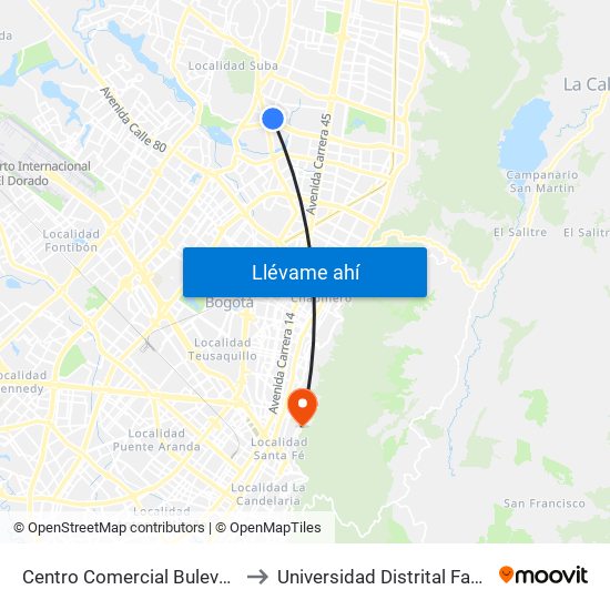 Centro Comercial Bulevar Niza (Av. Villas - Cl 127d) to Universidad Distrital Facultad Del Medio Ambiente map