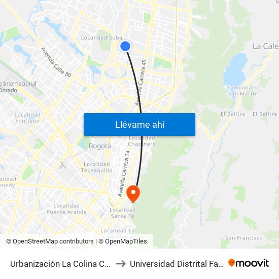 Urbanización La Colina Campestre (Av. Villas - Ac 134) to Universidad Distrital Facultad Del Medio Ambiente map