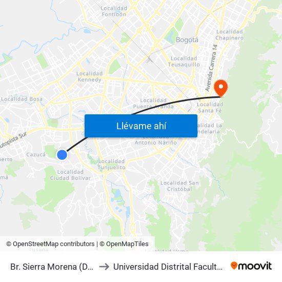 Br. Sierra Morena (Dg 70 Sur - Kr 73d) to Universidad Distrital Facultad Del Medio Ambiente map