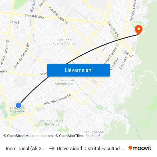 Inem Tunal (Ak 24 - Cl 52 Sur) to Universidad Distrital Facultad Del Medio Ambiente map