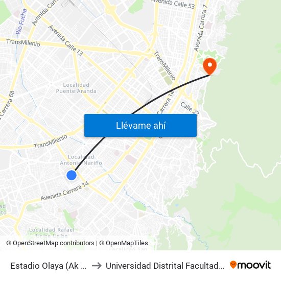 Estadio Olaya (Ak 24 - Cl 24 Sur) to Universidad Distrital Facultad Del Medio Ambiente map