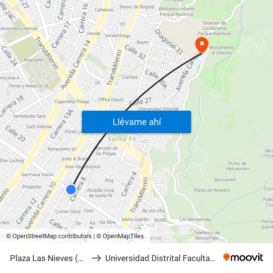 Plaza Las Nieves (Ac 19 - Kr 9) (A) to Universidad Distrital Facultad Del Medio Ambiente map