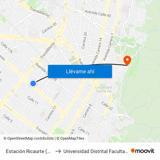 Estación Ricaurte (Ak 27 - Ac 13) (A) to Universidad Distrital Facultad Del Medio Ambiente map