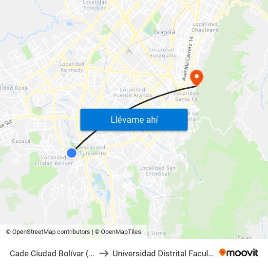 Cade Ciudad Bolívar (Av. V/cio - Tv 34) (B) to Universidad Distrital Facultad Del Medio Ambiente map