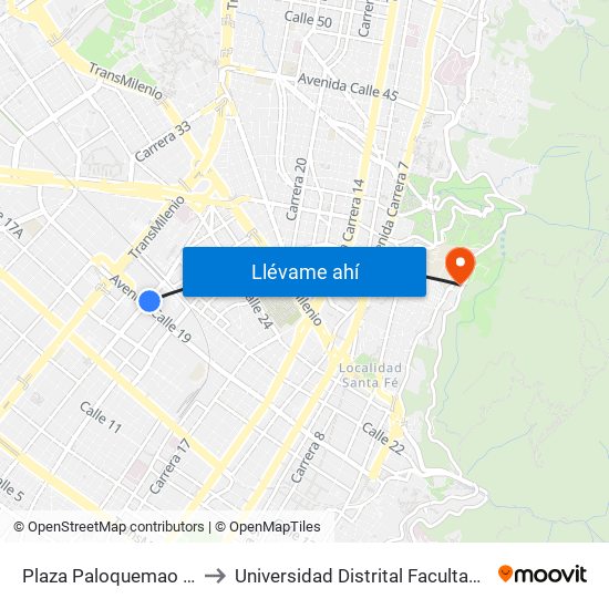Plaza Paloquemao (Ak 27 - Ac 19) to Universidad Distrital Facultad Del Medio Ambiente map