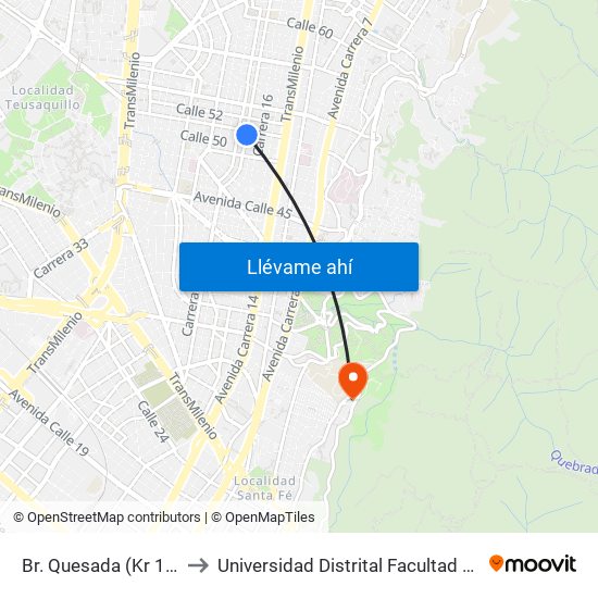 Br. Quesada (Kr 17 - Cl 51) (A) to Universidad Distrital Facultad Del Medio Ambiente map