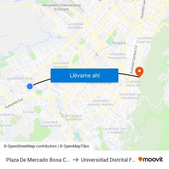 Plaza De Mercado Bosa Centro (Cl 63 Sur - Av. A. Mejía) (B) to Universidad Distrital Facultad Del Medio Ambiente map