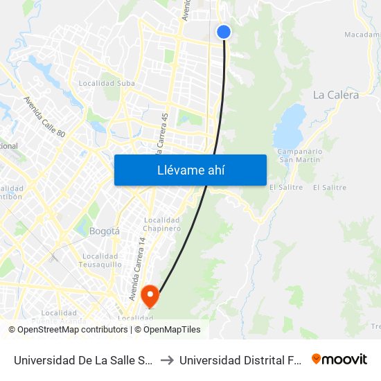 Universidad De La Salle Sede Floresta (Ak 7 - Cl 175) (A) to Universidad Distrital Facultad Del Medio Ambiente map