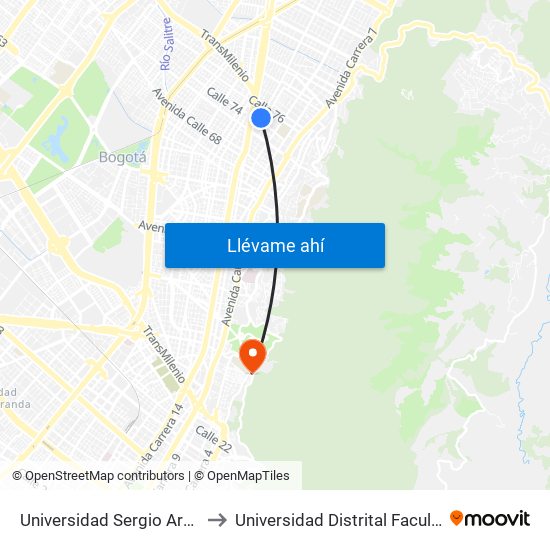Universidad Sergio Arboleda (Ak 15 - Cl 75) to Universidad Distrital Facultad Del Medio Ambiente map
