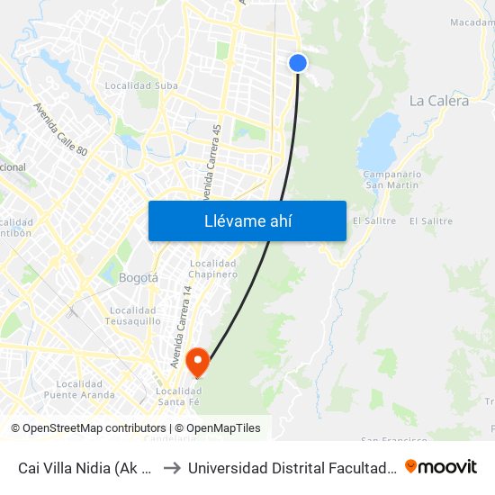 Cai Villa Nidia (Ak 7 - Cl 162a) (A) to Universidad Distrital Facultad Del Medio Ambiente map