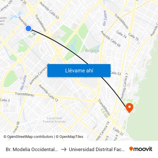 Br. Modelia Occidental (Av. Esperanza - Kr 81) to Universidad Distrital Facultad Del Medio Ambiente map