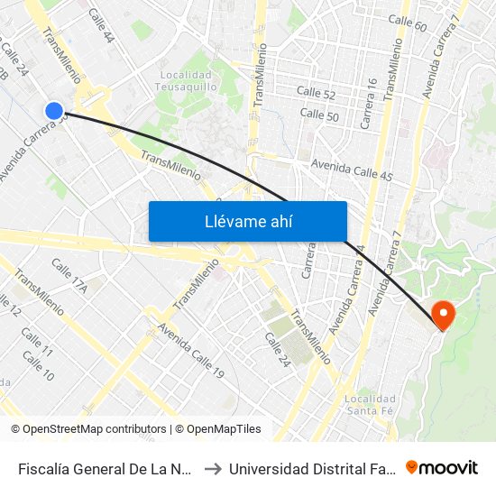 Fiscalía General De La Nación (Av. Esperanza - Ak 50) to Universidad Distrital Facultad Del Medio Ambiente map