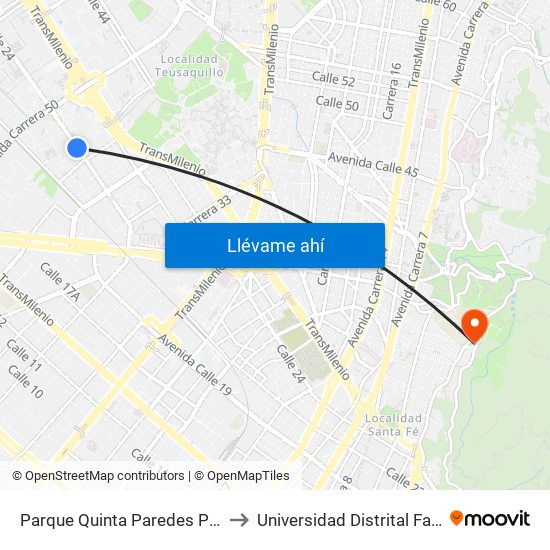 Parque Quinta Paredes Paraíso (Av. Esperanza - Kr 44) to Universidad Distrital Facultad Del Medio Ambiente map