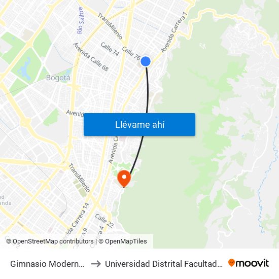 Gimnasio Moderno (Kr 9 - Cl 76) to Universidad Distrital Facultad Del Medio Ambiente map