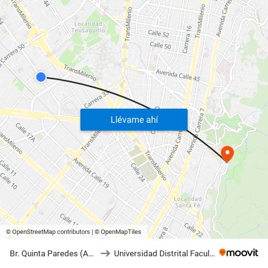 Br. Quinta Paredes (Av. Esperanza - Kr 44a) to Universidad Distrital Facultad Del Medio Ambiente map