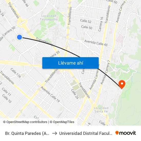 Br. Quinta Paredes (Av. Esperanza - Kr 45) to Universidad Distrital Facultad Del Medio Ambiente map