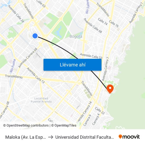 Maloka (Av. La Esperanza - Kr 69) to Universidad Distrital Facultad Del Medio Ambiente map