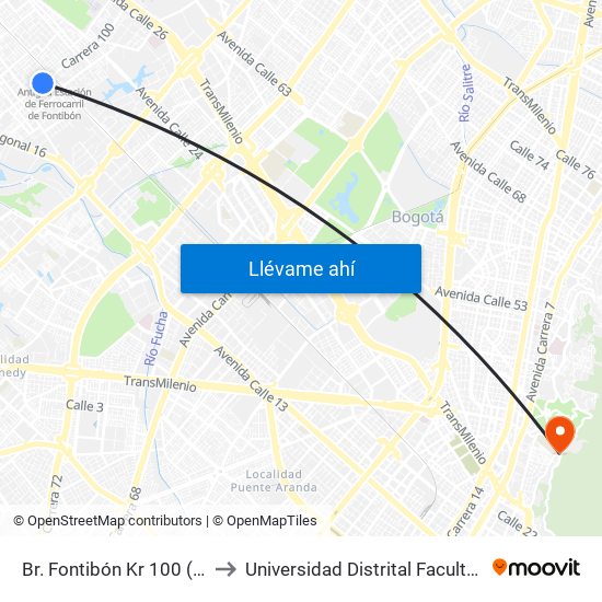 Br. Fontibón Kr 100 (Kr 100 - Cl 20) (A) to Universidad Distrital Facultad Del Medio Ambiente map