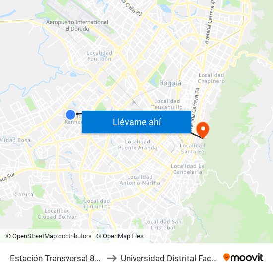 Estación Transversal 86 (Av. Américas - Kr 80c) to Universidad Distrital Facultad Del Medio Ambiente map