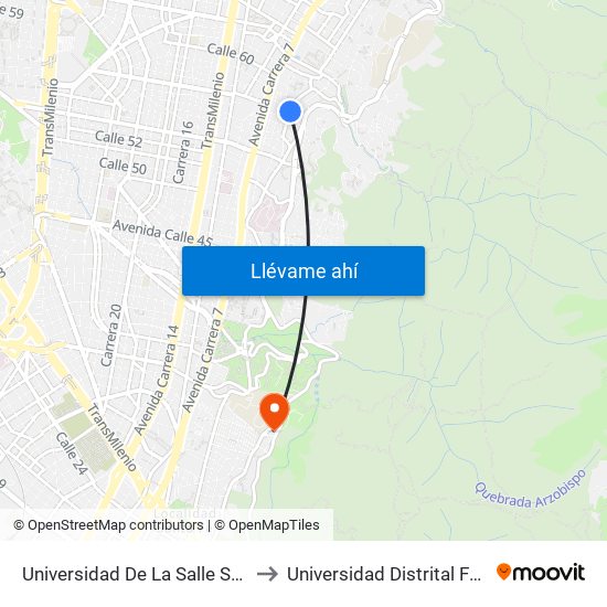 Universidad De La Salle Sede Chapinero (Kr 4 - Cl 58 Bis) to Universidad Distrital Facultad Del Medio Ambiente map