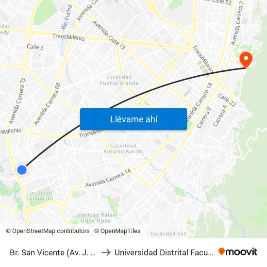 Br. San Vicente (Av. J. Gaitán C. - Cl 53b Sur) to Universidad Distrital Facultad Del Medio Ambiente map