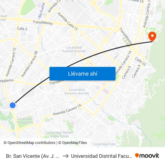 Br. San Vicente (Av. J. Gaitán C. - Av. Boyacá) to Universidad Distrital Facultad Del Medio Ambiente map