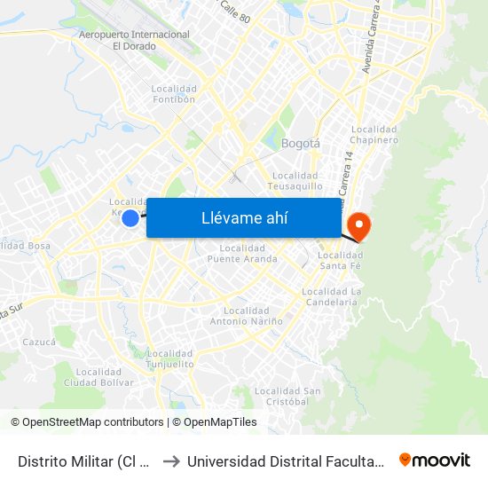 Distrito Militar (Cl 26 Sur - Kr 78h) to Universidad Distrital Facultad Del Medio Ambiente map
