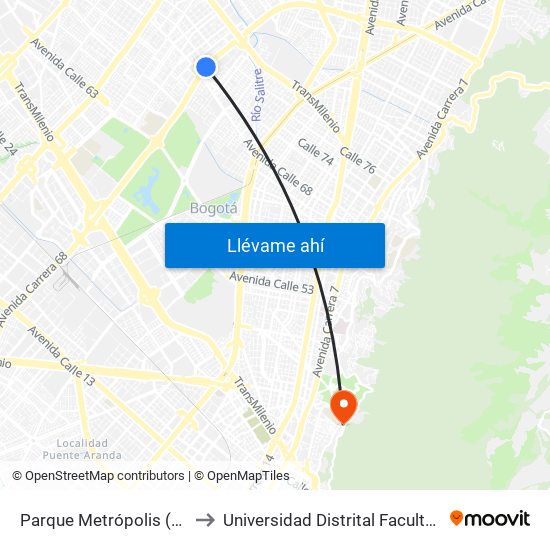 Parque Metrópolis (Ak 68 - Cl 74a) (A) to Universidad Distrital Facultad Del Medio Ambiente map