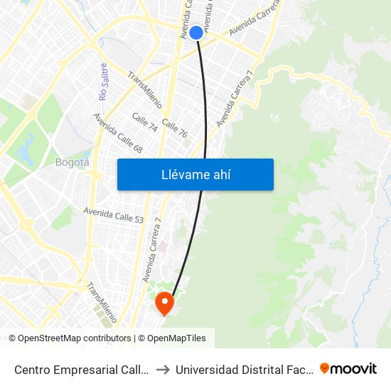 Centro Empresarial Calle 100 (Ac 100 - Tv 21) (C) to Universidad Distrital Facultad Del Medio Ambiente map